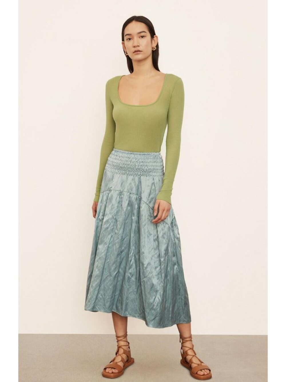 Vince Women's Smocked Tiered Metal Blue Midi Skirt Sz XL